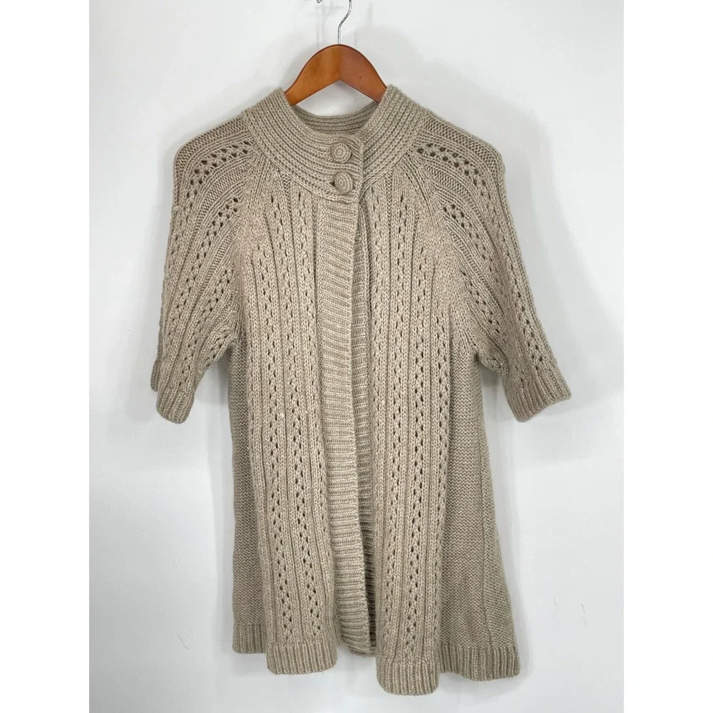 Chicos Womens Cardigan 2 M/L Sweater Beige Wool Blend Short Sleeve Mohair Wool